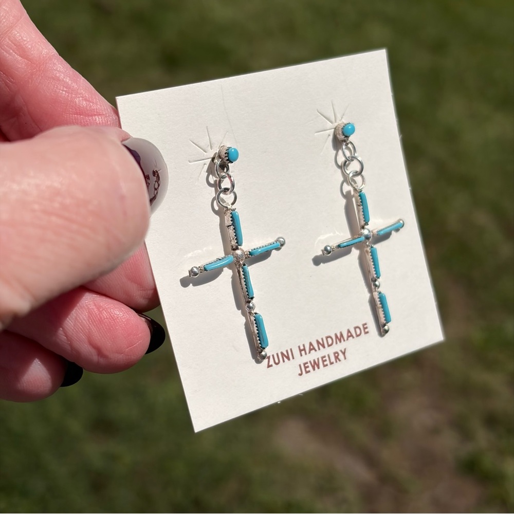Zuni Sterling Silver Turquoise Pin Point Cross Earrings